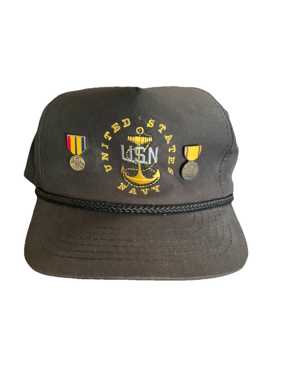 Vintage US Navy Snapback Hat Cap Black Made In USA Anchor 2 Enamel Pins Rare